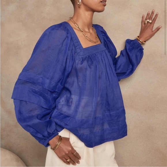 Banana Republic Semi-Sheer Square Neck Ramie Blouse Balloon Sleeves in Blue XS - Picture 2 of 13